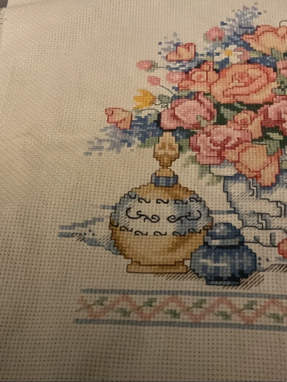 Hand-Embroidered Floral Still Life Cross-Stitch - Pink and Blue
